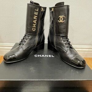 Authentic Chanel Black Leather Combat Boots